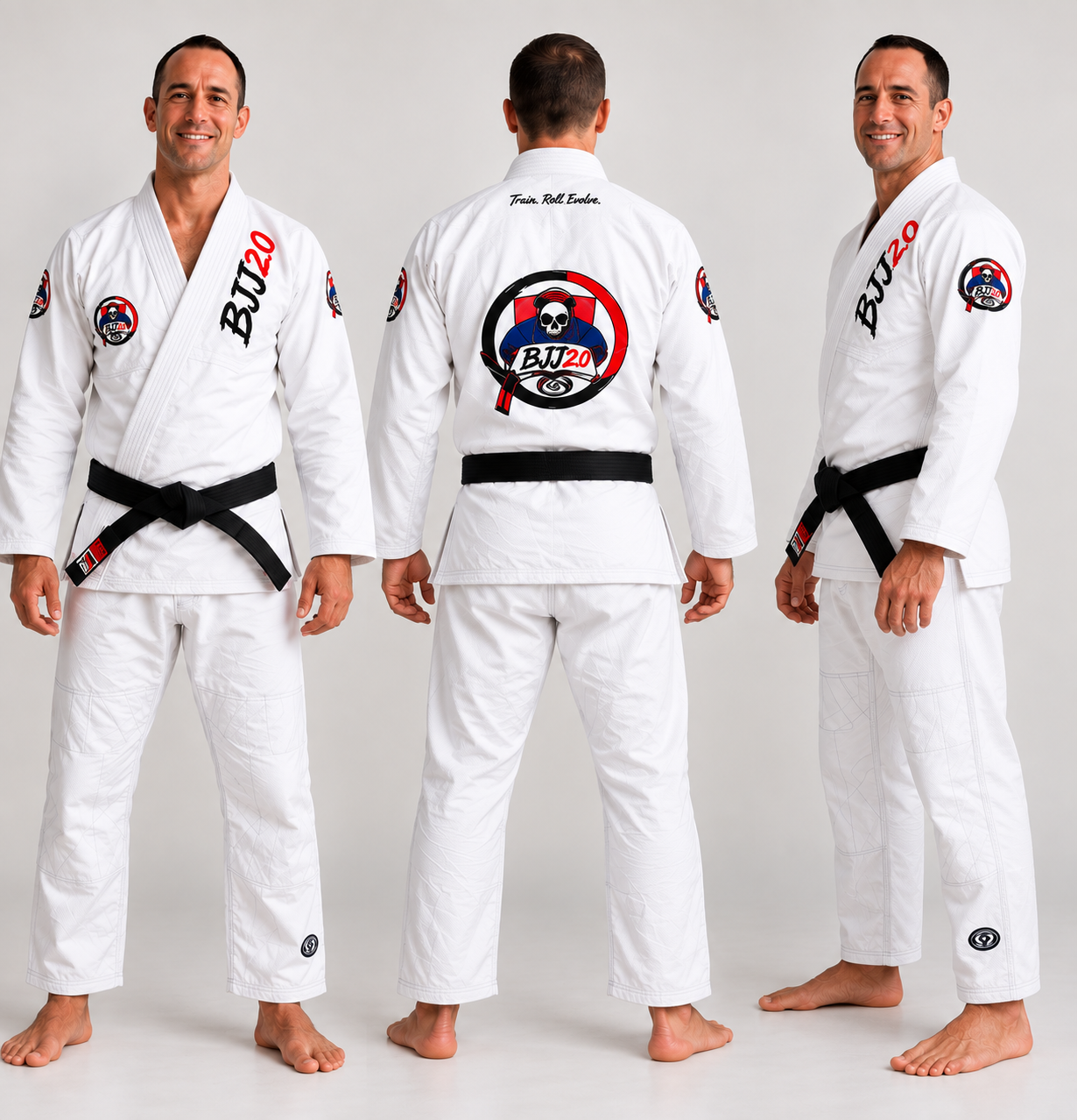 White and blue BJJ 2.0 gis shown front and back on models