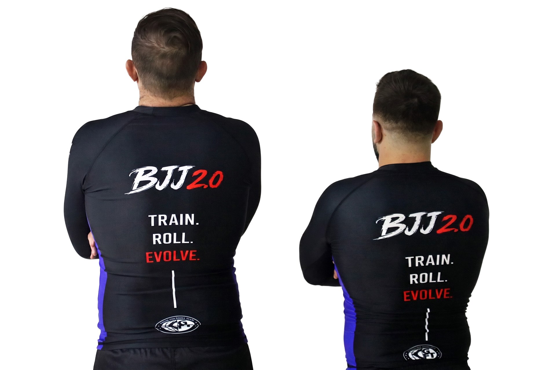 Both BJJ 2.0 owners photographed from behind, rashguards reading Train. Roll. Evolve.