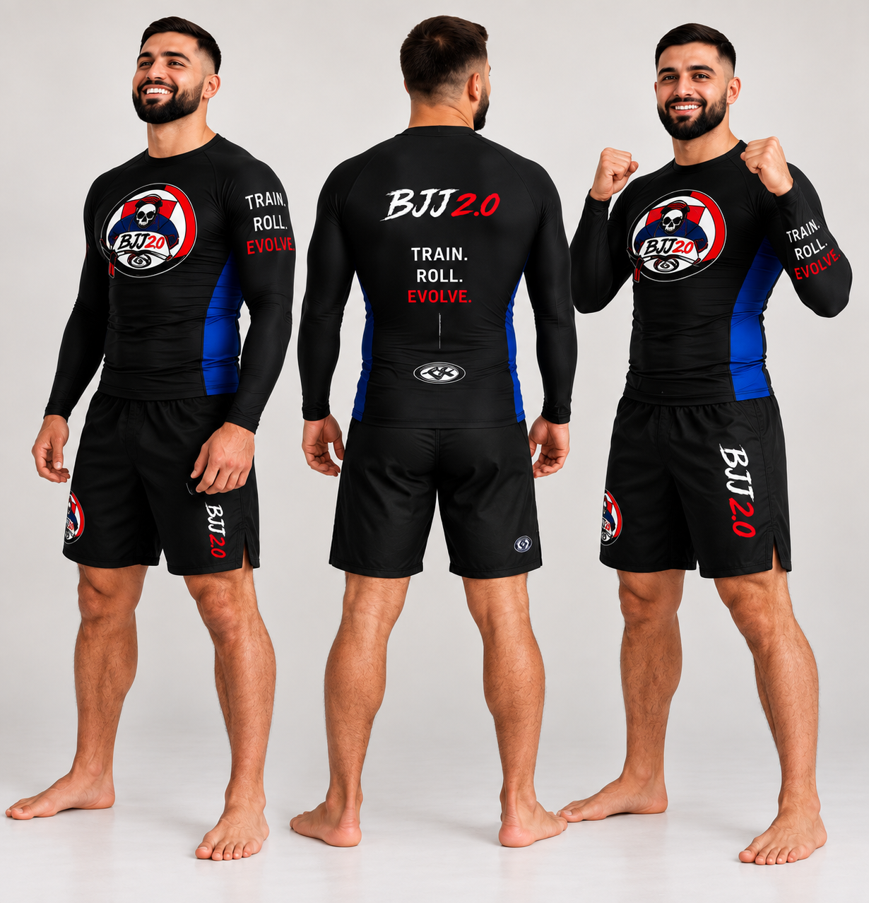 Black BJJ 2.0 long-sleeve rash vest shown front and back on a model
