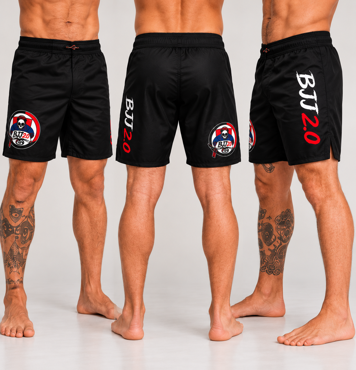 Black BJJ 2.0 no-gi fight shorts shown front and back on a model